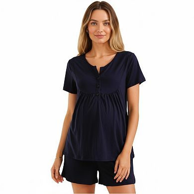 Women's 2-Piece Maternity Pajama Set with Short Sleeve Henley Top and Stretch Shorts