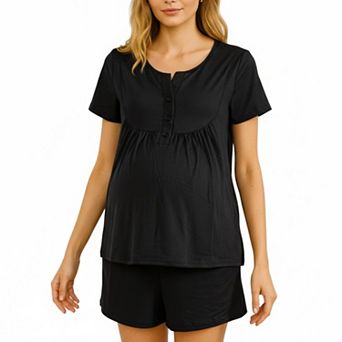 Women's 2 pc Maternity Pajama Set with Short Sleeve Henley Top and Stretch Shorts