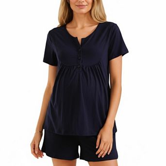 Women's 2 pc Maternity Pajama Set with Short Sleeve Henley Top and Stretch Shorts