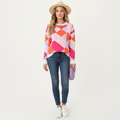 Women's Abstract Heart Pattern Knit Sweater with Long Sleeves and Comfortable Relaxed Everyday Fit
