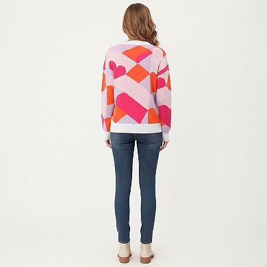 Women's Abstract Heart Pattern Knit Sweater with Long Sleeves and Comfortable Relaxed Everyday Fit