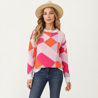 Women's Abstract Heart Pattern Knit Sweater with Long Sleeves and Comfortable Relaxed Everyday Fit