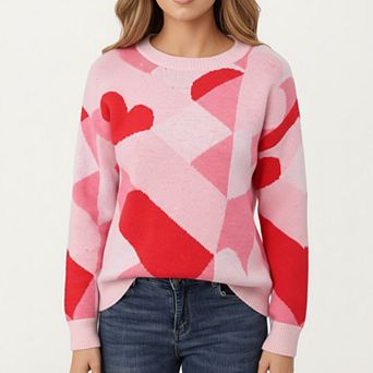 Women's Abstract Heart Pattern Knit Sweater with Long Sleeves and Comfortable Relaxed Everyday Fit