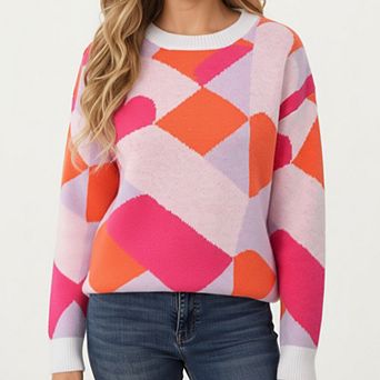 Women's Abstract Heart Pattern Knit Sweater with Long Sleeves and Comfortable Relaxed Everyday Fit