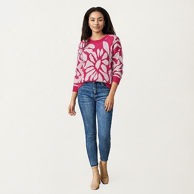 Women's Bold Abstract Floral Pattern Knit Sweater with Soft Textured Feel Ribbed Crew Neckline