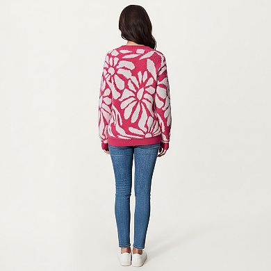 Women's Bold Abstract Floral Pattern Knit Sweater with Soft Textured Feel Ribbed Crew Neckline