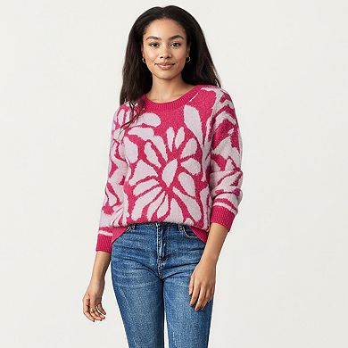 Women's Bold Abstract Floral Pattern Knit Sweater with Soft Textured Feel Ribbed Crew Neckline