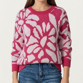 Women's Bold Abstract Floral Pattern Knit Sweater with Soft Textured Feel Ribbed Crew Neckline