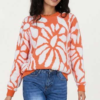 Women's Bold Abstract Floral Pattern Knit Sweater with Soft Textured Feel Ribbed Crew Neckline