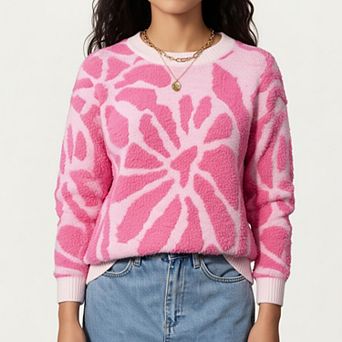 Women's Bold Abstract Floral Pattern Knit Sweater with Soft Textured Feel Ribbed Crew Neckline