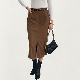 Women's High Waist Corduroy Midi Skirt with Front Center Slit and Soft Textured Paneling
