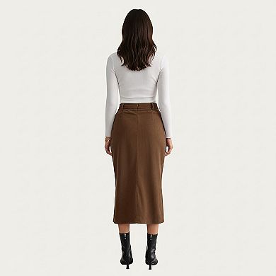 Women's High Waist Corduroy Midi Skirt with Front Center Slit and Soft Textured Paneling
