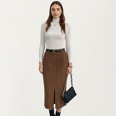 Women's High Waist Corduroy Midi Skirt with Front Center Slit and Soft Textured Paneling