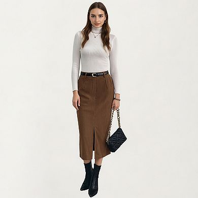Women's High Waist Corduroy Midi Skirt with Front Center Slit and Soft Textured Paneling