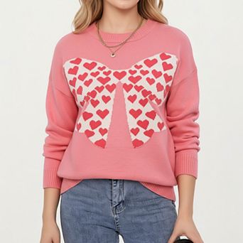 Women's Heart Bow Knit Sweater with Playful Graphic Design and Cozy Long Sleeve Detailing