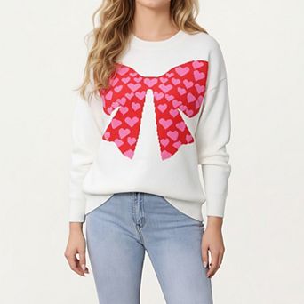 Women's Heart Bow Knit Sweater with Playful Graphic Design and Cozy Long Sleeve Detailing