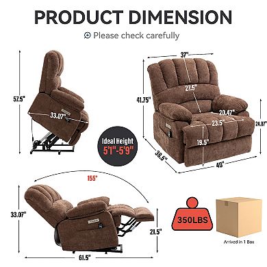 23"W High-Back Chenille Power Lift Recliner 8-Point Vibration Massage Lumbar Heat