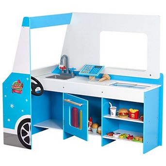 Wooden Ice Cream Cart Playset 20 pc Pretend Stand with Steering Wheel and Sink