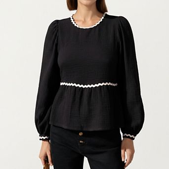 Women's Long Sleeve Textured Peplum Top with Contrast Trim Accents and Statement Bow Detail