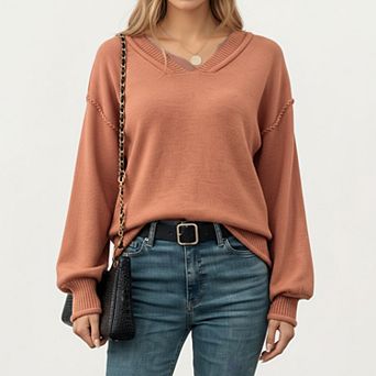 Women's V-Neck Long Sleeve Knit Top with Soft Textured Finish and Layered Collar Detail