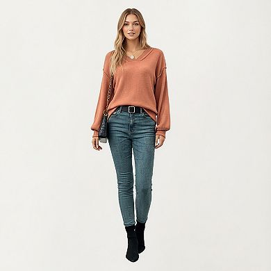 Women's V-Neck Long Sleeve Knit Top with Soft Textured Finish and Layered Collar Detail