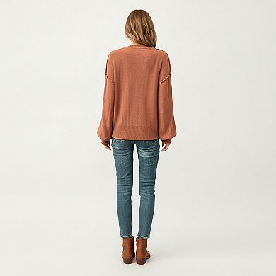 Women's V-Neck Long Sleeve Knit Top with Soft Textured Finish and Layered Collar Detail