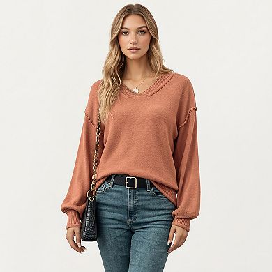 Women's V-Neck Long Sleeve Knit Top with Soft Textured Finish and Layered Collar Detail