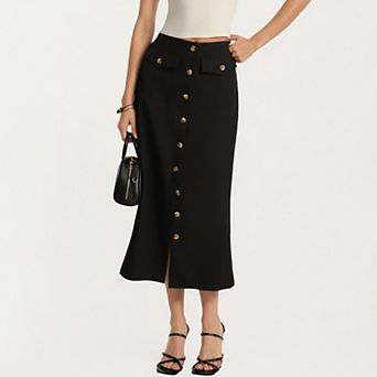 Women's High Waist Midi Skirt with Front Button Detailing and Sleek Tailored Silhouette