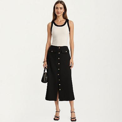 Women's High Waist Midi Skirt with Front Button Detailing and Sleek Tailored Silhouette