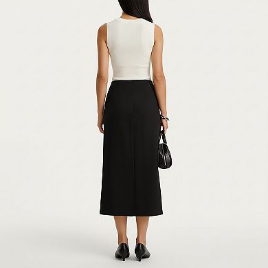 Women's High Waist Midi Skirt with Front Button Detailing and Sleek Tailored Silhouette