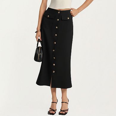 Women's High Waist Midi Skirt with Front Button Detailing and Sleek Tailored Silhouette