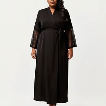 Women's PLus Size Long Satin Robe with Sheer Lace Sleeve Panels and Adjustable Tie Waist