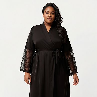 Women's PLus Size Long Satin Robe with Sheer Lace Sleeve Panels and Adjustable Tie Waist