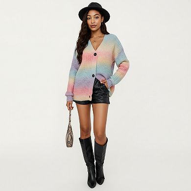 Women's Soft Knit V-Neck Button Front Cardigan with Cozy Textured Stitching