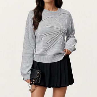 Women's Long Sleeve Knit Top with Dimensional Ribbon Design and Soft Textured Fabric