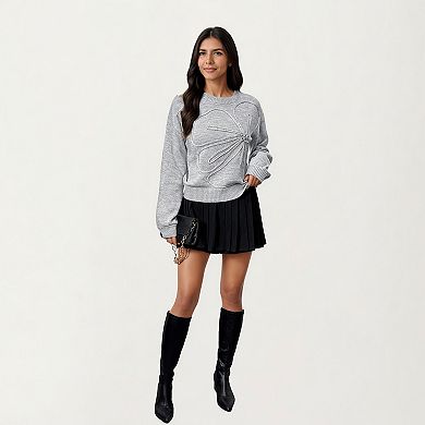 Women's Long Sleeve Knit Top with Dimensional Ribbon Design and Soft Textured Fabric