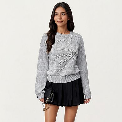 Women's Long Sleeve Knit Top with Dimensional Ribbon Design and Soft Textured Fabric