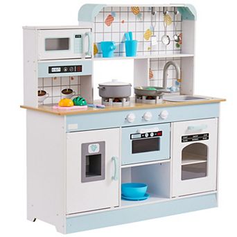 Wooden Play Kitchen Set with Lights Sounds Ice Maker Oven and Sink