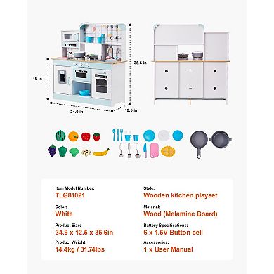 Wooden Play Kitchen Set with Lights Sounds Ice Maker Oven and Sink