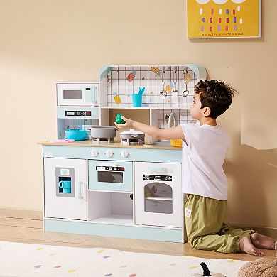 Wooden Play Kitchen Set with Lights Sounds Ice Maker Oven and Sink