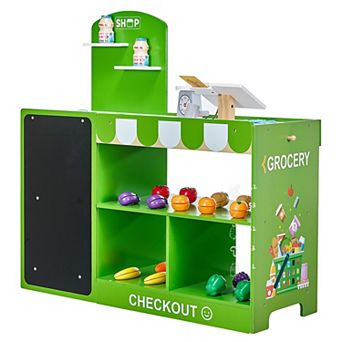Wooden Grocery Store Playset Kids Market Stand with Scanner Belt and Cash Register