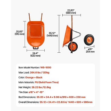 Traditional One-Wheel Wheelbarrow with 5 Cu.Ft Capacity