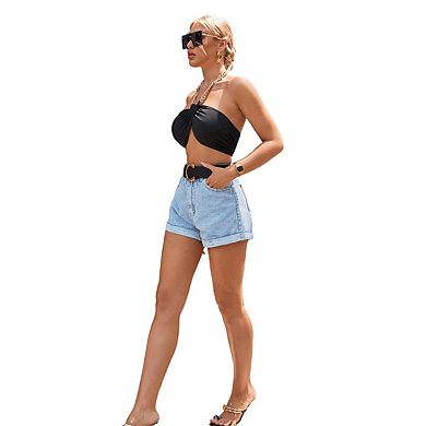 Women Pull On Jean Shorts Womens High Waisted Folded Hem Denim Shorts Summer Casual with Pockets