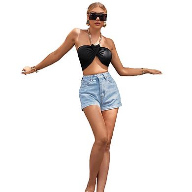 Women Pull On Jean Shorts Womens High Waisted Folded Hem Denim Shorts Summer Casual with Pockets