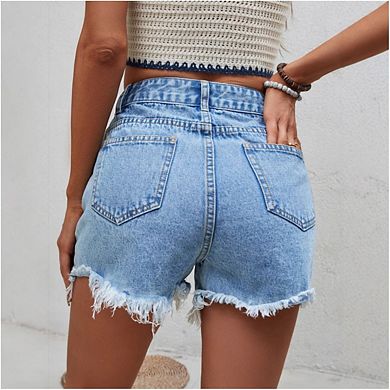 Womens Blue Ripped Denim Jean Shorts Frayed Denim Shorts for Summer