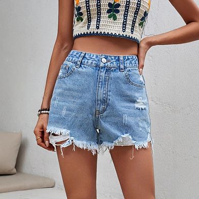 Womens Blue Ripped Denim Jean Shorts Frayed Denim Shorts for Summer