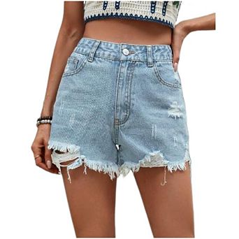 Womens Blue Ripped Denim Jean Shorts Frayed Denim Shorts for Summer