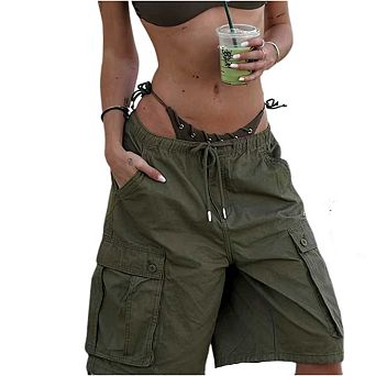 Women Cargo Shorts Elastic Waist Knee Length Shorts Summer Outdoor Hiking Pants with Pockets