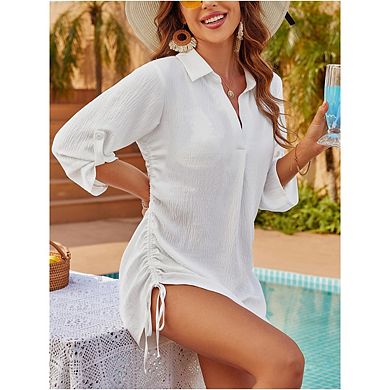 Women's Tie Side drawstring Long Sleeve V Neck Shirt Pullover