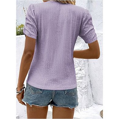 Womens Short Puff Sleeves Blouses Shirts V Neck Cute Solid Knit Casual Regular Fit Tops